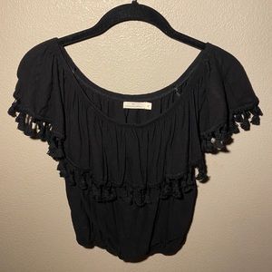 Black Off the Shoulder Fringe Top